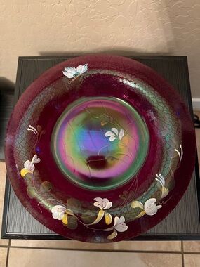 Fenton Iridescent Red Glass Bowl with Hand-Painted White Flowers